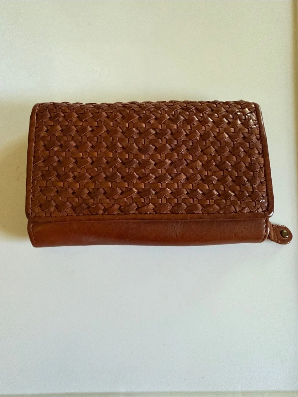 Woven Leather Foldover Wallet — Brown